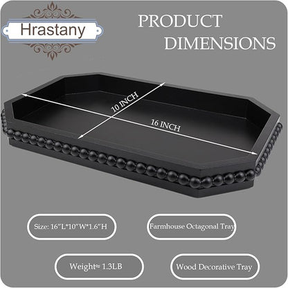 Hrastany Wood Rustic Serving Tray with Beads, Farmhouse Black Decorative Tray for Table Centerpiece, Christmas Wedding Halloween Home Decor