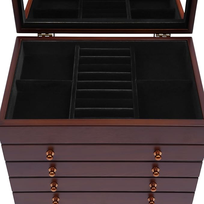 Wood Jewelry Box 6-Tier Large Jewelry Organizer Cabinet with 5 Drawers Women Girls Storage Display Case for Necklace Rings Earrings Accessories, with Mirror and Lock (With Mirror)