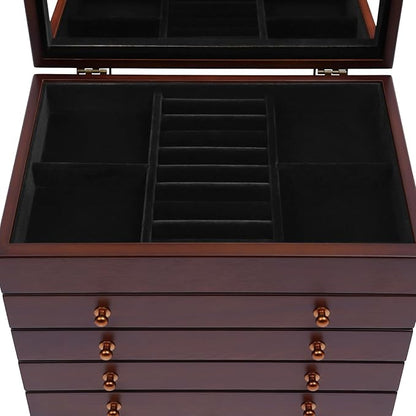 Wood Jewelry Box 6-Tier Large Jewelry Organizer Cabinet with 5 Drawers Women Girls Storage Display Case for Necklace Rings Earrings Accessories, with Mirror and Lock (With Mirror)
