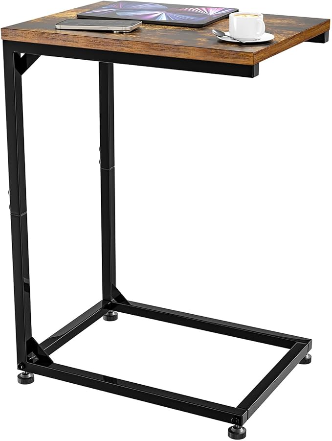 Simple Trending C Shaped End Table for Couch, Small Side Table TV Tray Table with Metal Frame for Living Room, Bedroom, Rustic Brown