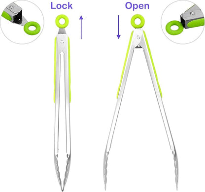 304 Stainless Steel Kitchen Cooking Tongs, 12" and 14" Set of 2 Sturdy Grilling Barbeque Brushed Locking Food Tongs with Ergonomic Grip, Green