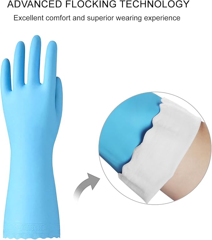 Bamllum Rubber Cleaning Gloves - 2 Pairs Latex Free Kitchen Cleaning Gloves with Cotton Liner- Household Dishwashing Gloves, Non- Slip Waterproof (Large, Blue+Pink)