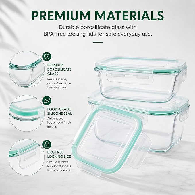 Peaktet 8 Pack Glass Food Storage Containers with Lids, Airtight Meal Prep Containers Set, Leakproof Glass Lunch Containers, BPA-Free Locking Lids, Oven Microwave Freezer Dishwasher Safe