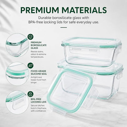 Peaktet 8 Pack Glass Food Storage Containers with Lids, Airtight Meal Prep Containers Set, Leakproof Glass Lunch Containers, BPA-Free Locking Lids, Oven Microwave Freezer Dishwasher Safe