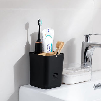 Toothbrush Holders Drainage for Bathrooms, 4 Slots Tooth Brushing Holder with Bamboo Dividers Plastic Electric Toothbrush and Toothpaste Caddy Organizer for Sink, Counter, Shower, Vanity, Black