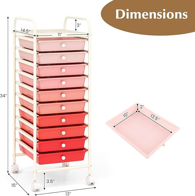 OFFICEJOY Storage Cart, Rolling Utility Cart with 10 Drawers, Portable Handles & Lockable Wheels, Mobile Paper Toys Storage Organizer Large Capacity for Home Office School Teacher (Gradient Pink)