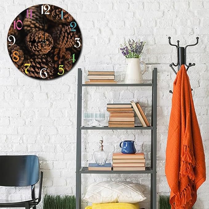 Pinecone Wall Clock 10 Inch Wooden Battery Operated Autumn Forest Maple Leaves Wall Clocks Decorative Indoor,Decorative for Kitchen Bathroom Bedroom