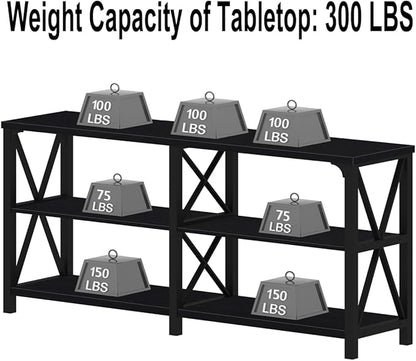 IBF Black Console Table, Modern Industrial Sofa Table with 3 Tier Storage Shelves, Farmhouse Wooden Metal Entryway Table for Living Room, Hallway, or Foyer, Black Oak, 63 Inch