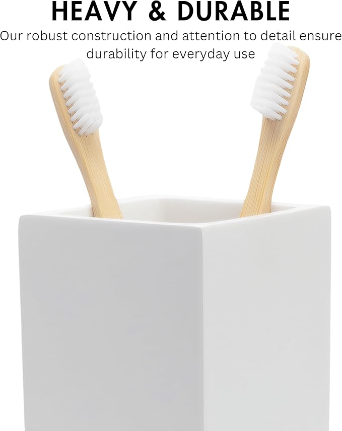 Yew Design Matte White Toothbrush and Toothpaste Holder for Bathroom Vanity and Countertop, Square Organizer for Electric Toothbrushes, Floss, Razors, Cotton, and Mouthwash
