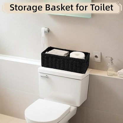 Paper Rope Storage Basket for Organizing, 2 Pack Foldable Wicker Storage Baskets with Handle,Decorative Large Storage Bins for Bathroom Countertop,Small Toilet Paper Basket for Toilet Tank Top