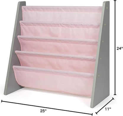 Humble Crew 4-Tier Kids Bookshelf, Grey Wood/Pink - Premium Book Shelf for Kids Rooms with Four Deep Pockets - Toddler Sling Book Rack with Deep Sleeves, Nursery Bookcase Organizer