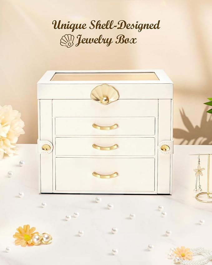 Jewelry Box with 3 Drawers: Display Organizer for Earrings Necklaces - Gift for Girls Women (White)