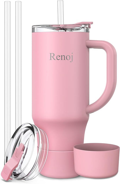 Renoj Tumbler with Handle 100% Leak Proof Insulated Water Bottle for Iced Coffee & Hot Drinks - Fits Car Cup Holder, Ideal Gift, 2 Straws & Silicone Boot BPA-Free - SnapShift Pink 32 oz