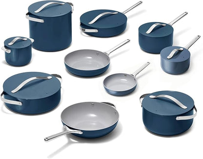 Caraway 24-Piece Nonstick Ceramic Cookware Set - Includes Fry Pans, Sauce, Sauté Pan, Dutch Oven, Petite Cooker, Stir Fry, Rondeau, Stock Pot, Lids & Storage Organizers - Navy