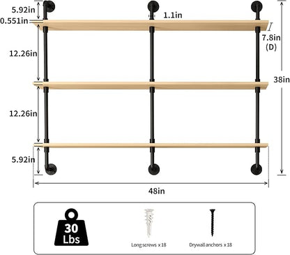 3-Tier Industrial Pipe Floating Shelf – Rustic 48 inch Wood Wall-Mounted Storage Shelf for Kitchen Office,Bathroom & Home Decor -White Oak