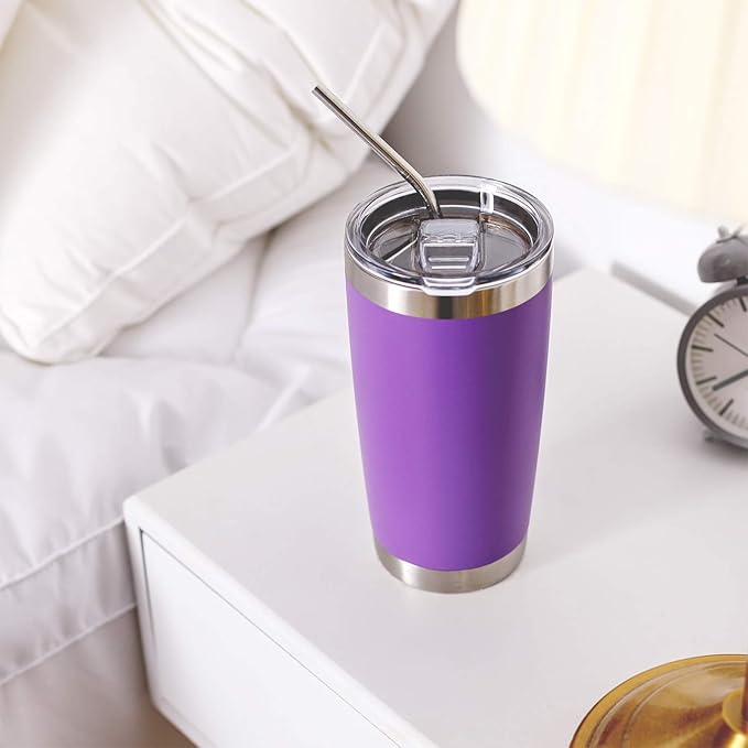 COMOOO 20oz Double Wall Vacuum Insulated Travel Mug, Stainless Steel Tumbler with Lid and Straw Durable Powder Coated Insulated Coffee Cup for Cold & Hot Drinks (Purple. 2 Pack