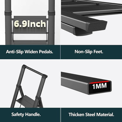 WOA WOA 4 Step Ladder, Ladders for Home, Anti-Slip Aluminum Pedals, Step Stool Foldable, Lightweight to Move, Ease of Storage, Reach 9ft for Closet Kitchen Library, Hold 300lbs - Black