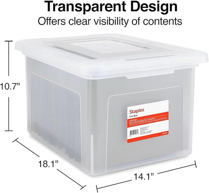 STAPLES Plastic File Box with Snap Lid, Letter/Legal Size, Clear, 4/Carton