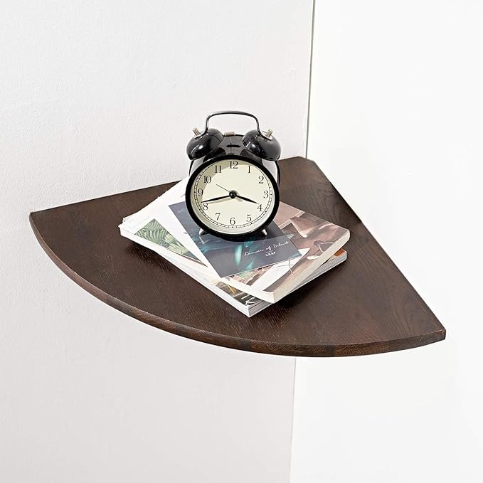 Conamily Corner Shelf, Solid Oak Wood Floating Corner Shelf Wall Mount Round End Floating Speaker with Wire Hole for Small Plant Photo for Bedroom Kitchen, Living Room