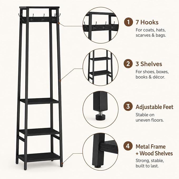 Coat Rack Freestanding, Coat Stand with 3 Shelves and 7 Hooks, Hall Tree Free Standing, Clothes Rack Stand Organizer for Bedroom, Hallway, Entryway, Living Room, Industrial Style, Black