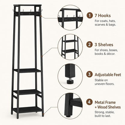 Coat Rack Freestanding, Coat Stand with 3 Shelves and 7 Hooks, Hall Tree Free Standing, Clothes Rack Stand Organizer for Bedroom, Hallway, Entryway, Living Room, Industrial Style, Black
