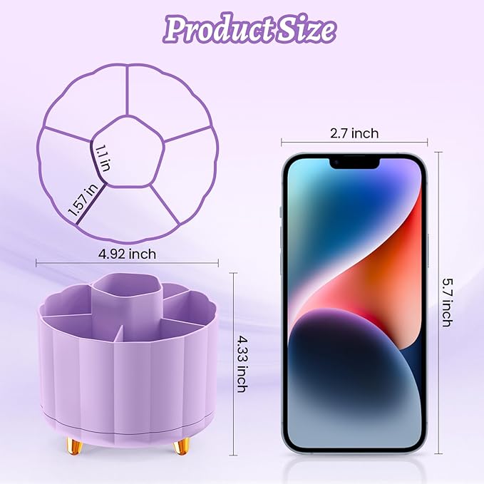 Purple Desk Decor Organizer 360 Rotating, 6 Slots Pen Cup Holder for Office, Classroom & Home, Cute Office Supplies, Cubicle Decor, Rotating Art Supply Storage (4.9 Inches)
