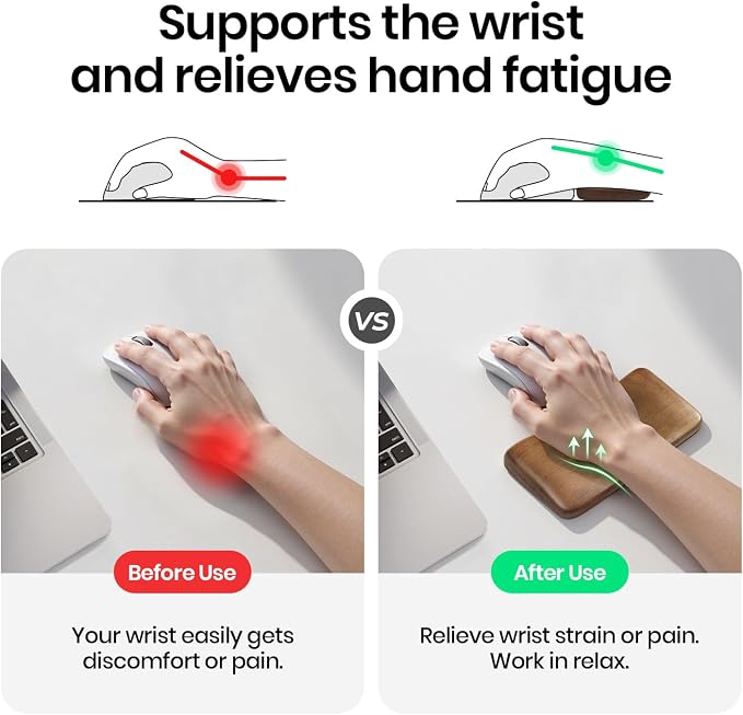Walnut Wooden Wrist Rest for Mouse or One-Hand Keyboard | Ergonomic Design for Wrist Pain Relief, Smooth No Odor and Easy to Clean, Support Wrist to Coding Typing and Playing