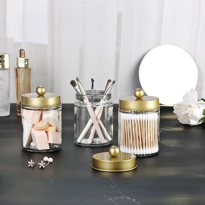 Apothecary Jar Canisters Bathroom Vanity Organizer - Qtip Holder Storage Organizer Countertop -Stainless Steel Lids &Cute Stickers for Qtips,Cotton Swabs,Makeup Sponges,Floss(3 Pack) (Gold)