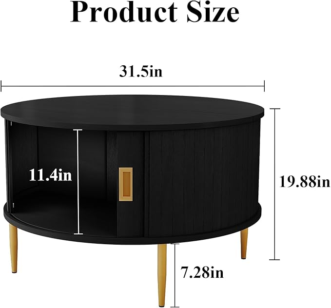ARTPOWER 31.7" Round Coffee Table with Tambour Door, Mid Century Center Table for Living Room, Small Wood Fluted Circle Coffee Table with Storage, Black