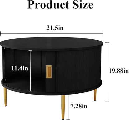 ARTPOWER 31.7" Round Coffee Table with Tambour Door, Mid Century Center Table for Living Room, Small Wood Fluted Circle Coffee Table with Storage, Black