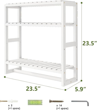 Galood Over The Toilet Storage Bathroom Shelves Wall Mounted 3 Tier Space Saver Corner Shelf Organizer Bamboo Towel Rack Toilet Paper Cabinet with Hanging Rod White