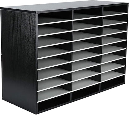 EasyPAG Wooden Literature Organizer with Adjustable Shelves, 27 Compartments Office Paper Organizer Storage 13500 Sheets Letter Size Paper, Student Mailbox for Classroom, Black/White