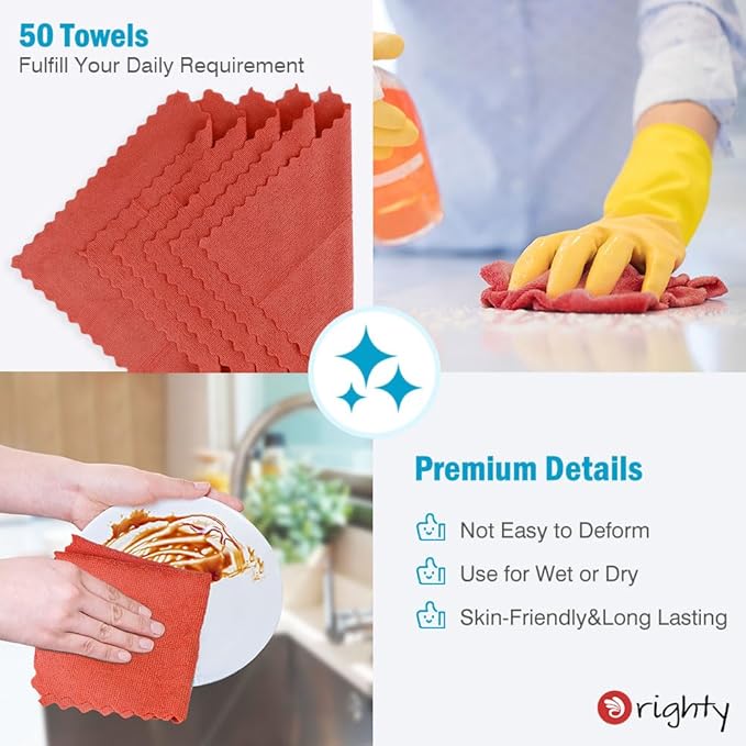 Orighty Microfiber Cleaning Cloth Bulk, Shop Towels Shop Rags 50 Pack, Reusable Microfiber Cleaning Rags for Cars, Multi-Purpose Lint Free Towels for Home & Kitchen, 12x12 Inch, Red