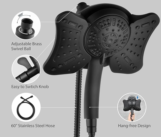 GRICH 2.5GPM Shower Head with Handheld Spray Combo: 2 in 1 Rainfall Shower Heads high pressure & Handheld Shower Head, 9 Spray Modes/Settings Detachable Shower Head with 60 Inch Hose, Black