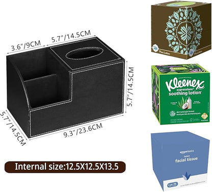 PU Leather Square Tissue Box Cover - Multi-Functional Tissue Box Holder, Tissue Box Cover with Storage,Tissue and Remote Control Holder, Cube Tissue Box Organizer Bedroom Nightstand End Table