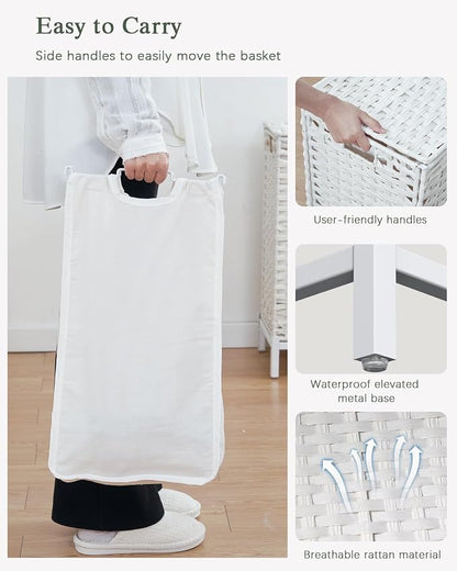 SETVSON Laundry Hamper with Lid,112 L Handwoven Rattan Wicker Laundry Basket, 2 Removable Liner Bags Metal Heightened Feet,6 Mesh Bags,2 Section Large Clothes Hamper for Bathroom Bedroom, Cloud White