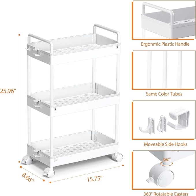 Ronlap 3 Tier Slim Rolling Storage Cart with Wheels Plastic Utility Cart Organizer for Snack Craft Art Postpartum Baby Diaper Nail Makeup in Bathroom Laundry Room Kitchen Bedside Narrow Space, White