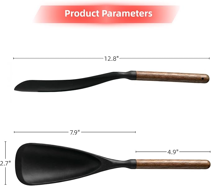 2-Pack Silicone Spoonula with Wooden Handle, BPA-Free Spatula Spoon for Nonstick Cookware, Heat Resistant Cooking Spoon for Mixing, Scraping, Scooping and Serving(Black)