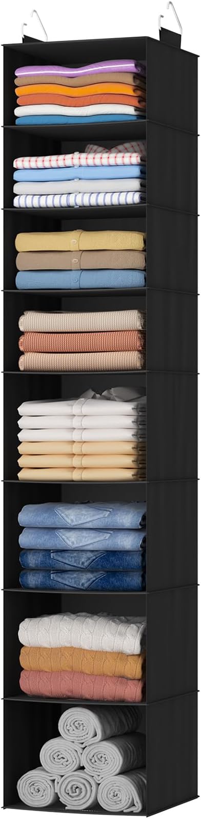 Lifewit 8 Tier Hanging Closet Organizer and Storage for Shelves, 1 Pack Foldable Clothes Shelf with 2 Sturdy Hooks, Sweater/Coat/Shoes Clothing Organization for Wardrobe, Dorm, Bedroom, Black