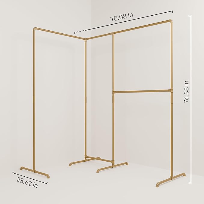 pamo Gold Clothing Rack – 70.08" W x 76.38" H – Industrial Pipe Metal Garment Organizer for Bedroom or Retail – Heavy-Duty Clothes Rack – Easy Assembly