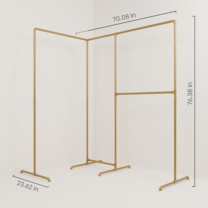 pamo Gold Clothing Rack – 70.08" W x 76.38" H – Industrial Pipe Metal Garment Organizer for Bedroom or Retail – Heavy-Duty Clothes Rack – Easy Assembly