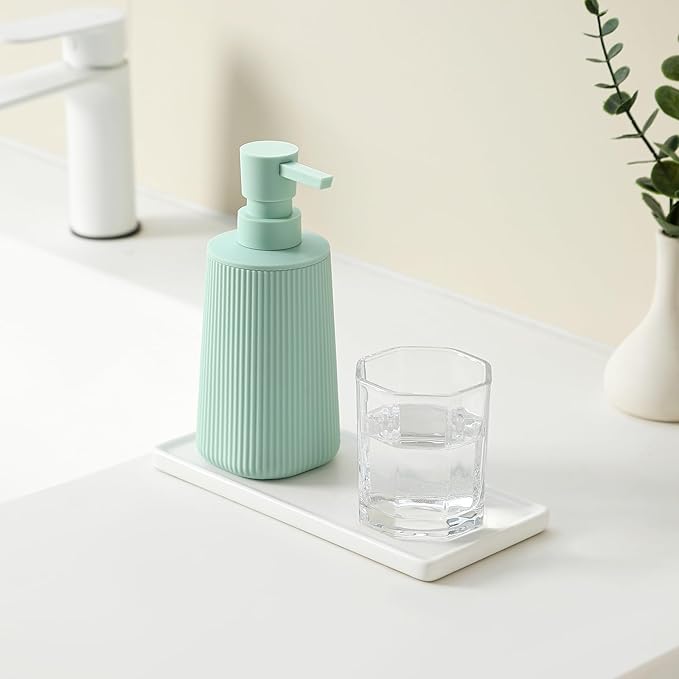 Small Soap Dispenser for Bathroom and Kitchen, Modern Farmhouse Striped Style Plastic Hand Soap Dish Soap Dispenser with Pump Matte Light Green