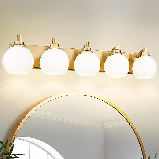 Bathroom Light Fixtures, 5-Light Brushed Gold Bathroom Vanity Lights Over Mirror with Globe Milk White Glass Shade, 32 Inch Modern Vanity Lighting Fixtures, VL195-BG-ML-5
