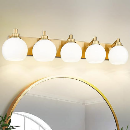 Bathroom Light Fixtures, 5-Light Brushed Gold Bathroom Vanity Lights Over Mirror with Globe Milk White Glass Shade, 32 Inch Modern Vanity Lighting Fixtures, VL195-BG-ML-5