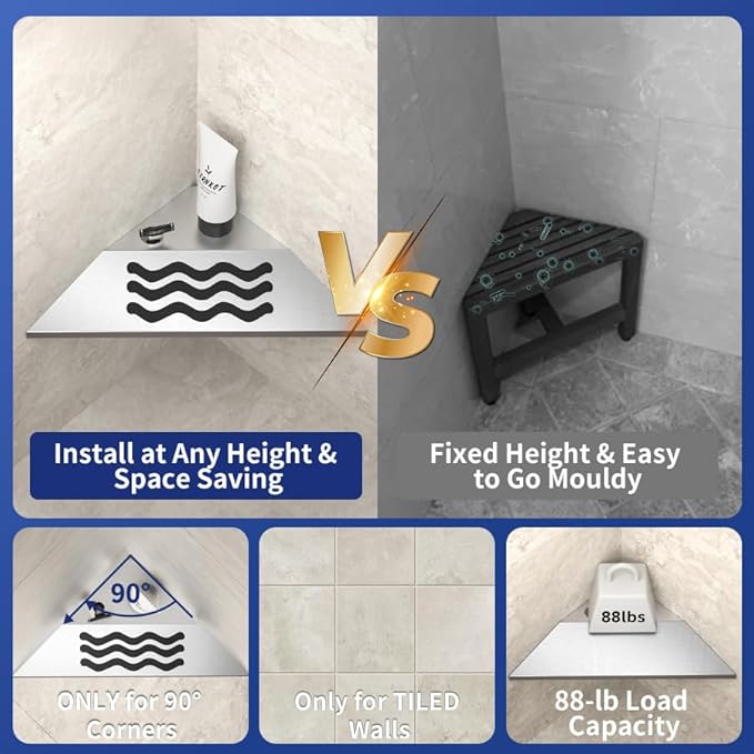 10'' Corner Foot Rest for Shaving Legs, 304 Stainless Steel Grout in Footrest with Shaving Holder, Recessed Designed Foot Ledge for Bathroom Shower (Brushed)