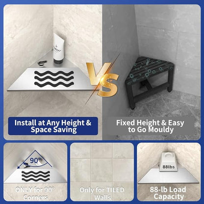 10'' Corner Foot Rest for Shaving Legs, 304 Stainless Steel Grout in Footrest with Shaving Holder, Recessed Designed Foot Ledge for Bathroom Shower (Brushed)