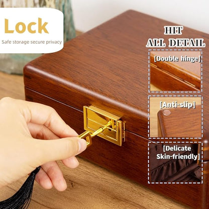 Solid Walnut Wood Jewelry Box with Lock,2 Layer Velvet Wood Jewelry Organizer Storage Lined for Earrings Rings Necklaces Bracelets Cufflink Gift Idea for Men Women, Vintage Brown