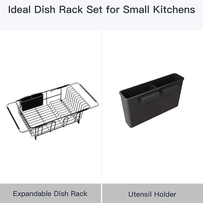 MAJALiS Dish Drying Rack Over The Sink with Utensil Holder | Expandable Stainless Steel Dish Drainer for Small Kitchen, Apartment, RV, Counter Space Saving, Perfect Fit, Rustproof
