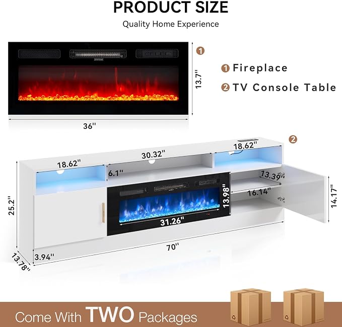 MXV 70" Fireplace TV Stand with Power Outlet for TVs UP to 80", Electric Fireplace Entertainment Center with LED Lights & Storage Cabinets, TV Console for Living Room, Office, White-Black