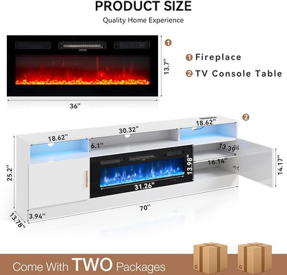 MXV 70" Fireplace TV Stand with Power Outlet for TVs UP to 80", Electric Fireplace Entertainment Center with LED Lights & Storage Cabinets, TV Console for Living Room, Office, White-Black
